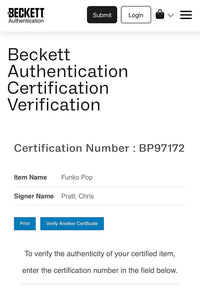 Chris Pratt Signed Funko Pop #1240 "Star Lord" GOTG - Beckett COA #02