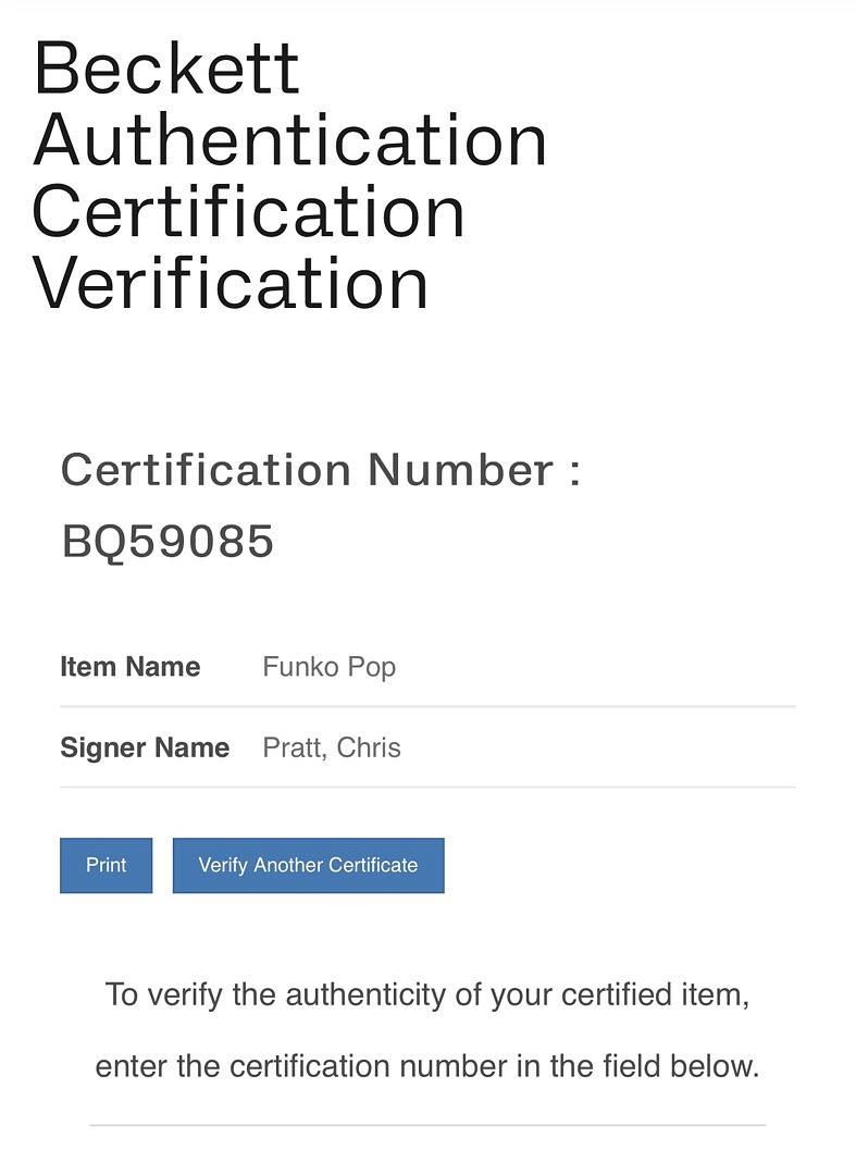 Chris Pratt Signed Funko Pop #1201 "Star Lord" GOTG - Beckett COA #02