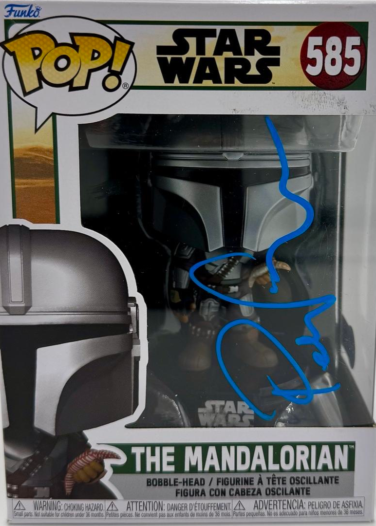 Funko Pop! packaging for The Mandalorian figure with Boba Fett helmet, Star Wars branding, and number 585.