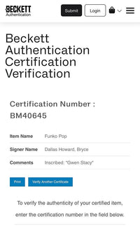 Bryce Dallas Howard Signed Funko Pop #1275 "Gwen Stacy" (Spider-Man) - Beckett COA