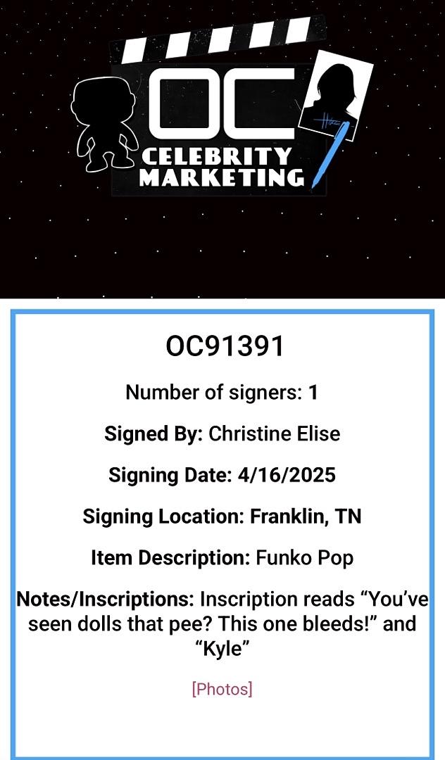 Christine Elise Signed Funko Pop #56 "Chucky" (Childs Play) w/Inscription - OC Celebrity Marketing #02