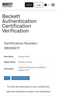 Christie Brinkley Signed License Plate (National Lampoons Vacation) - Beckett COA #04