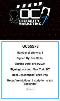 Ben Stiller Signed Funko Pop #703 "Derek Zoolander" - OC Celebrity Marketing #01