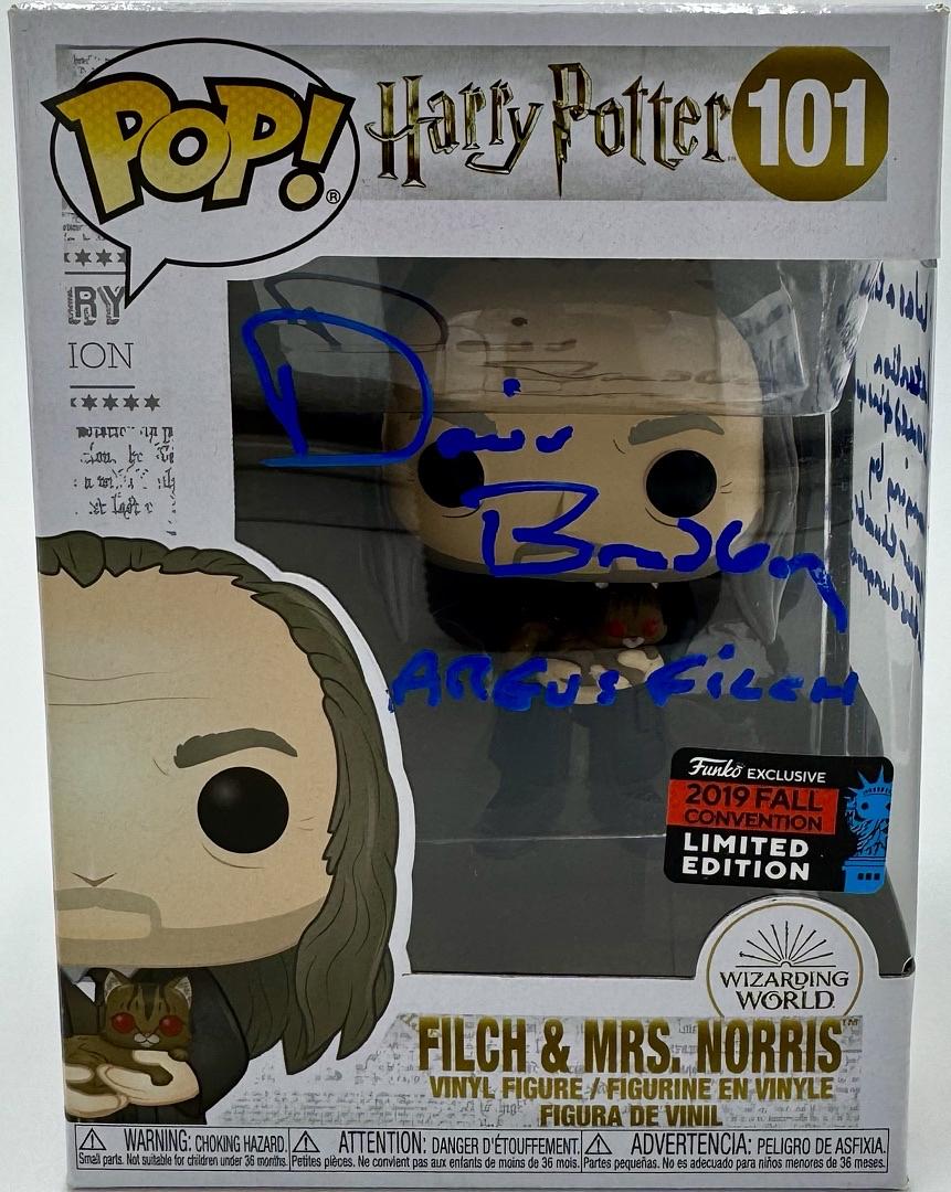 David Bradley Signed Funko Pop #101 Argus Filch (Harry Potter) w/quote and character name - SWAU