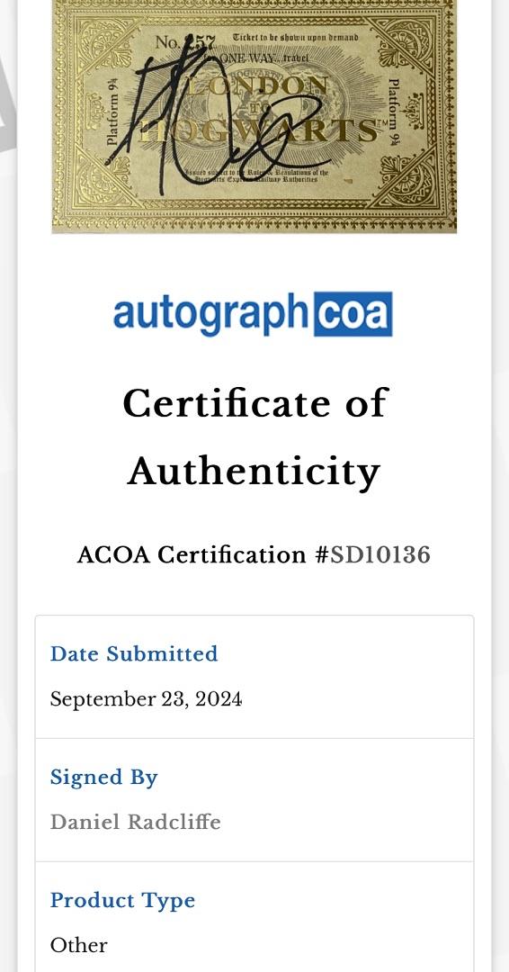 Daniel Radcliffe Signed Replica Hogwarts Train Ticket - ACOA #01