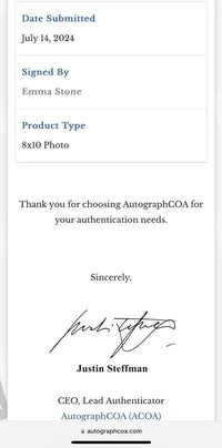 Emma Stone Signed 8x10 Photo (Spider-Man) - ACOA