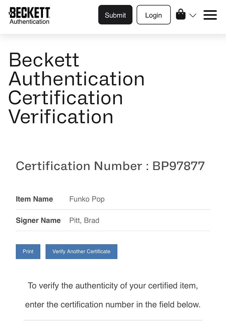 Brad Pitt Signed Funko Pop #1419 "Louis" - Beckett COA  #01