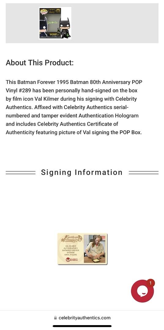 Val Kilmer Signed Funko Pop #289 Batman 80 Years - Celebrity Authentics #01