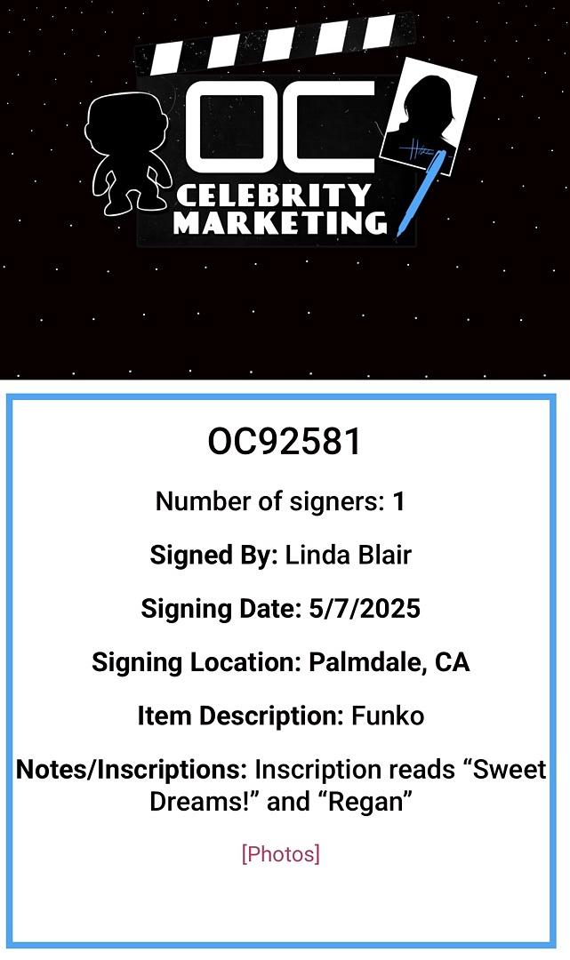 Linda Blair Signed Funko Pop #203 Regan (The Exorcist) - OC Celebrity Marketing #02