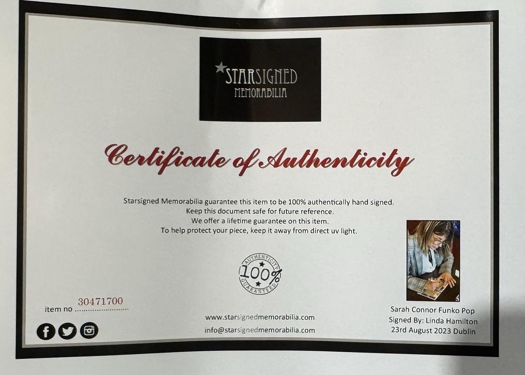 Linda Hamilton Signed Funko Pop #818 Sara Connor (Terminator) w/character name & quote - Beckett COA