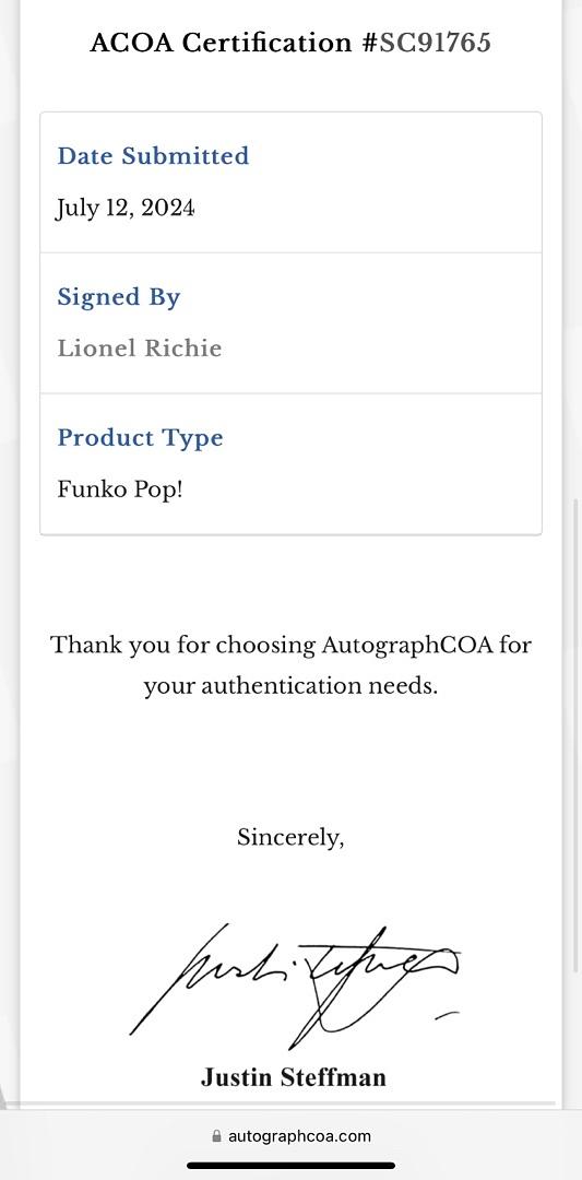 Lionel Richie Signed Funko Pop #349 - ACOA