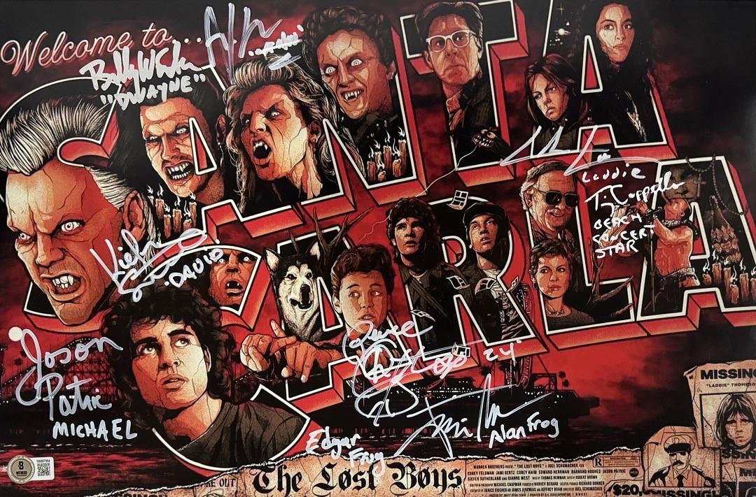 The Lost Boys Cast Signed 11x17 w/Kiefer Sutherland signed by 8 all with character name - Beckett COA