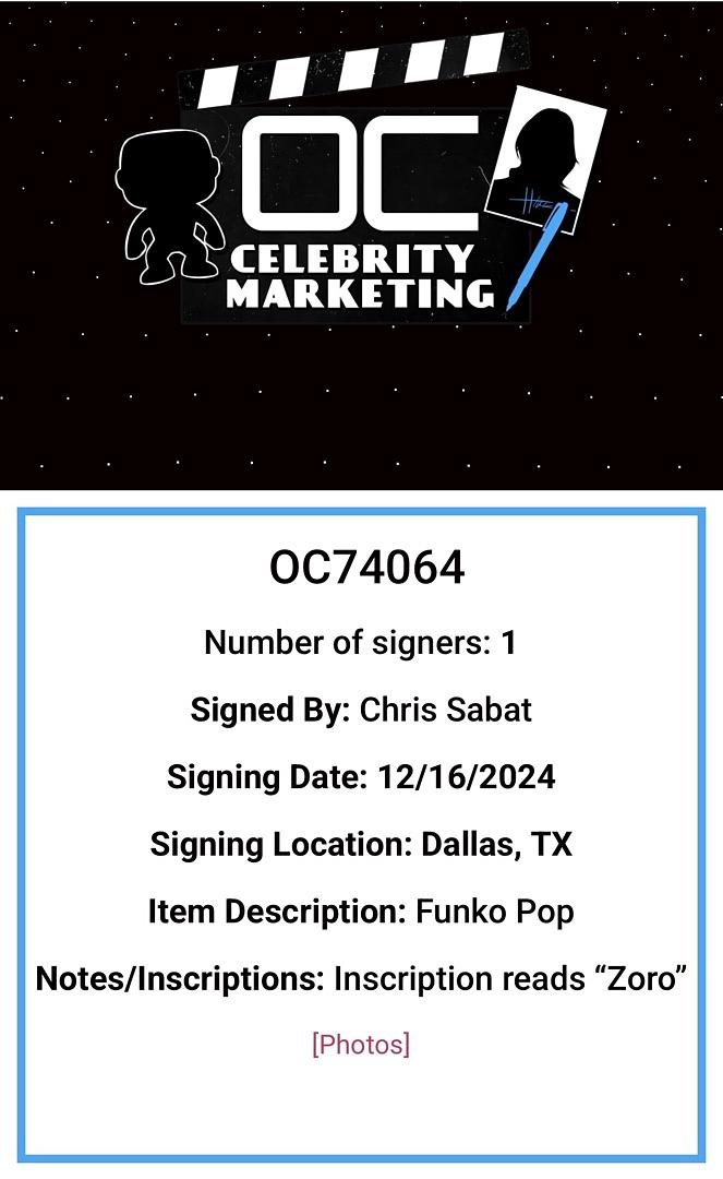 Chris Sabat Signed Funko Pop #1775 "Roronoa Zoro" (One Piece) - OC Celebrity Marketing #01