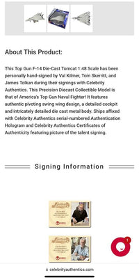 Val Kilmer, Tom Skerritt, James Tolkan Signed F-14 Tomcat Aircraft Replica - Celebrity Authentics