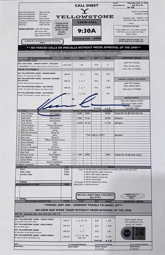 Kevin Costner Signed call sheet (Yellowstone) *RARE* SWAU