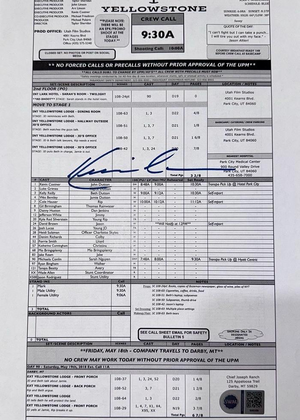 Kevin Costner Signed call sheet (Yellowstone) *RARE* SWAU