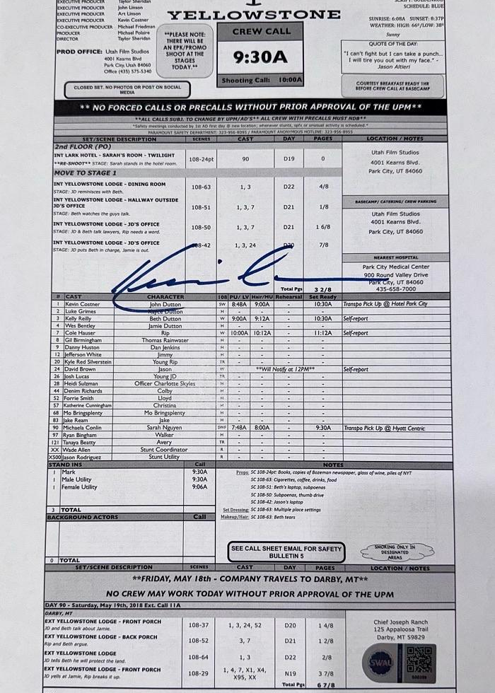 Kevin Costner Signed call sheet (Yellowstone) *RARE* SWAU