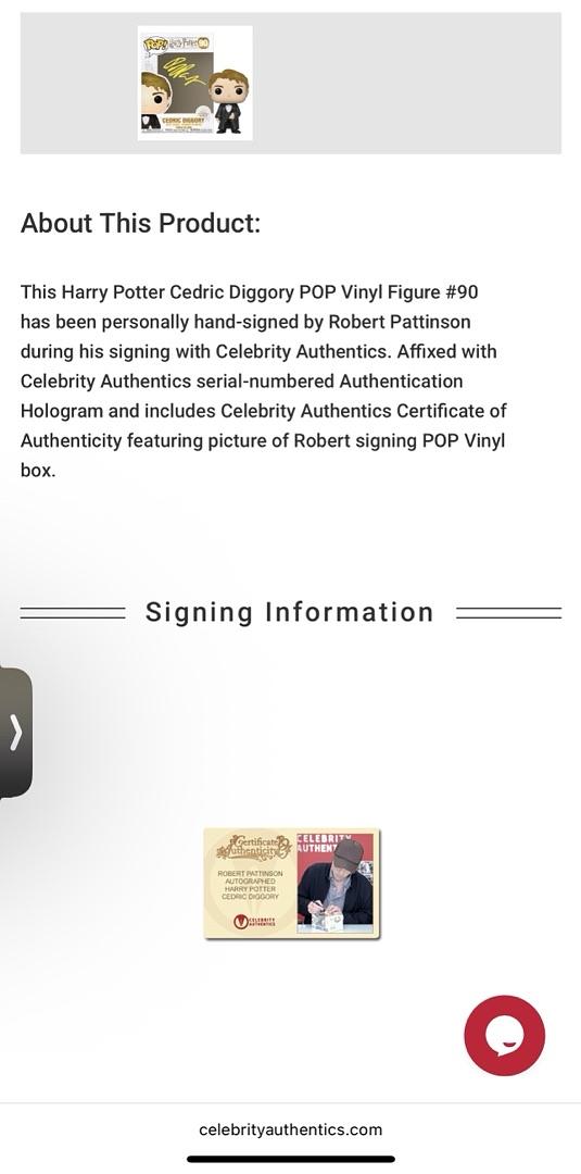 Robert Pattinson Signed Funko Pop #90 Cedric Diggory (Harry Potter) - Celebrity Authentics #01