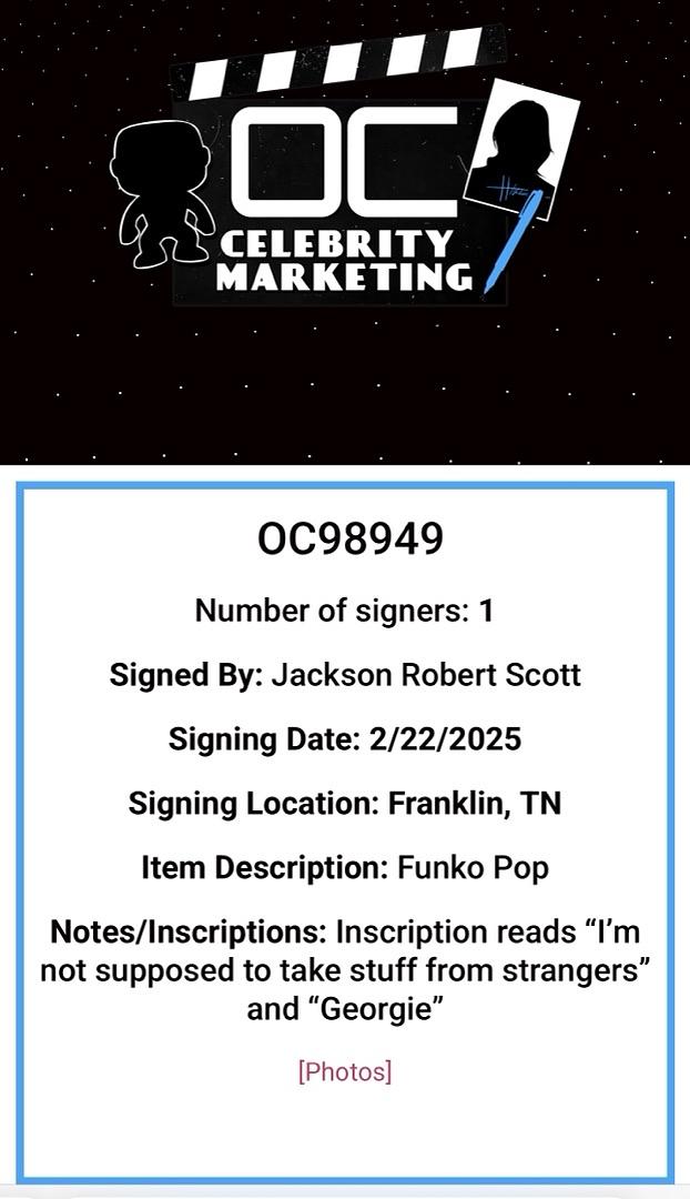 Jackson Robert Scott Signed Funko Pop #536 Chase Variant "Georgie Denbrough" (IT) w/Inscription - OCC Celebrity Marketing
