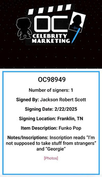 Jackson Robert Scott Signed Funko Pop #536 Chase Variant "Georgie Denbrough" (IT) w/Inscription - OCC Celebrity Marketing