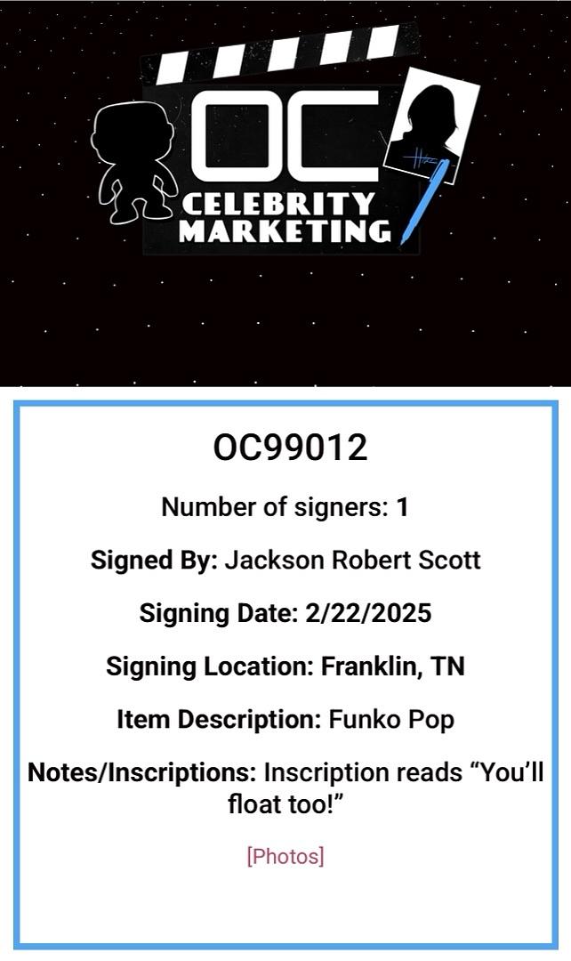 Jackson Robert Scott Signed Funko Pop #536 "Georgie Denbrough" (IT)  - OCC Celebrity Marketing