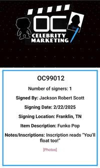 Jackson Robert Scott Signed Funko Pop #536 "Georgie Denbrough" (IT)  - OCC Celebrity Marketing
