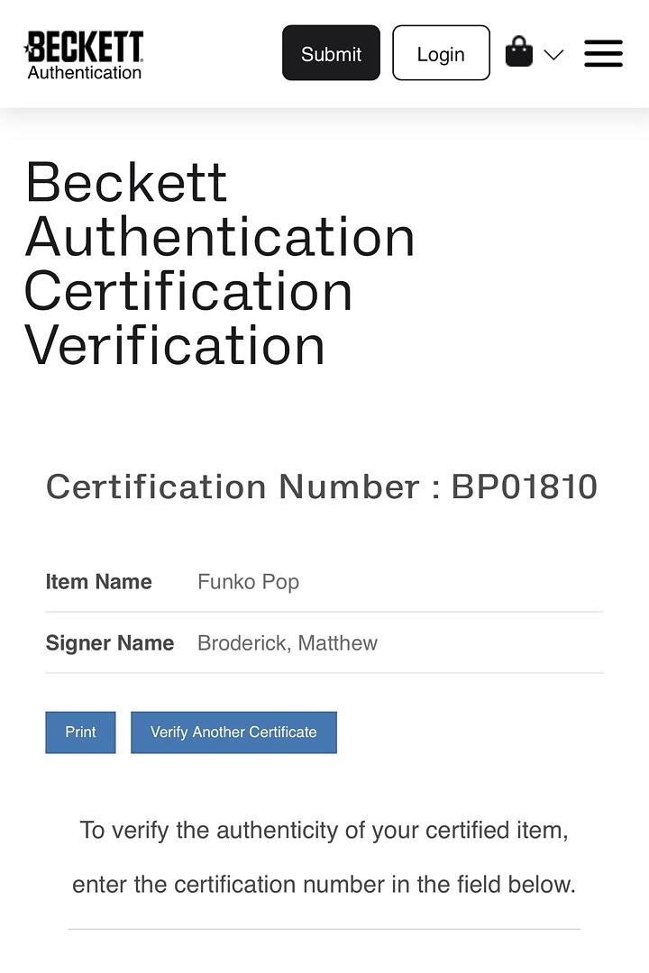 Matthew Broderick Signed Funko Pop Pop Beckett COA