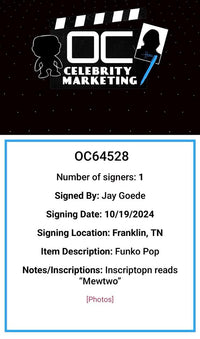 Jay Goede Signed Funko Pop #581 "Mewtwo" (Pokemon) w/Inscription - OC Celebrity Marketing #01