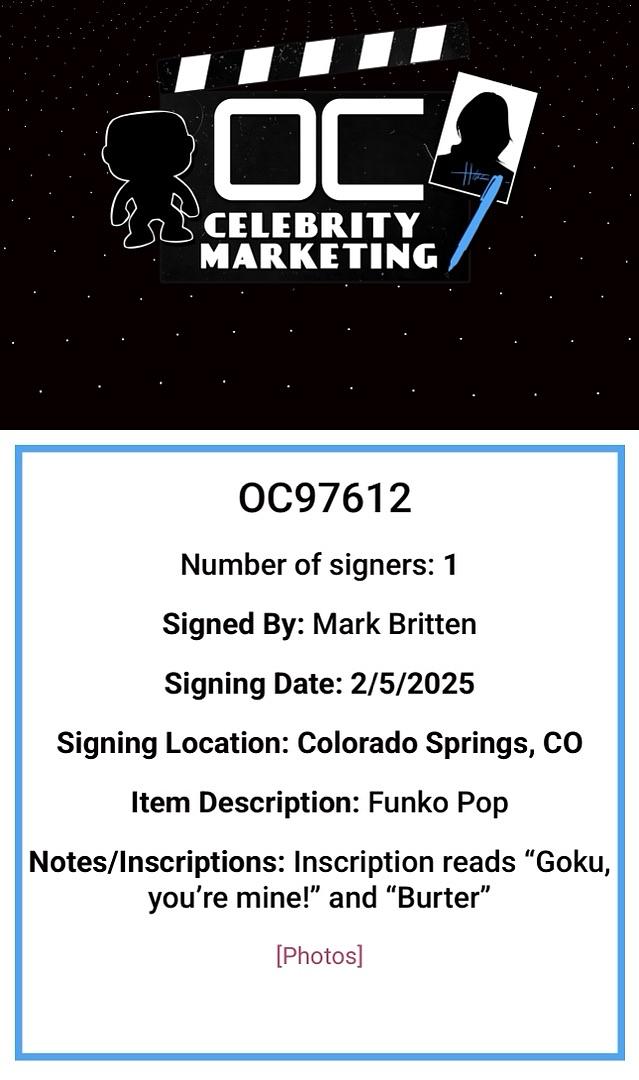 Mark Britten Signed Funko Pop #1494 "Burter" (Dragonball Z) - OC Celebrity Marketing