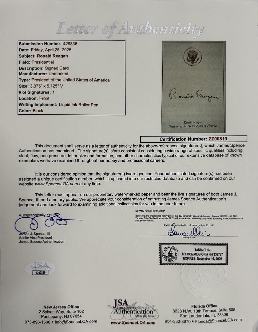 Ronald Reagan Signed Presidential Seal Card *RARE* - JSA COA w/full letter of authenticity