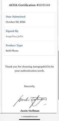 Angelina Jolie Signed 8x10 - ACOA