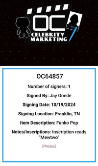 Jay Goede Signed Funko Pop #581 "Mewtwo" (Pokemon) w/Inscription - OC Celebrity Marketing #02