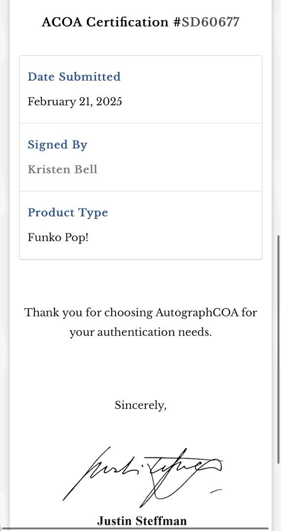 Kristen Bell Signed Funko Pop #1874 'Martian Ambassador" (Mars Attacks) - ACOA