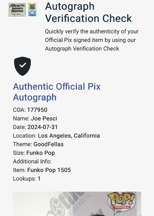 Joe Pesci Signed Funko Pop #1505 "Tommy Devito" Goodfellas - Official Pix