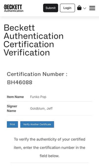 Jeff Goldblum Signed Funko Pop #1213 "Dr. Ian Malcolm" (Jurassic World) - Beckett COA