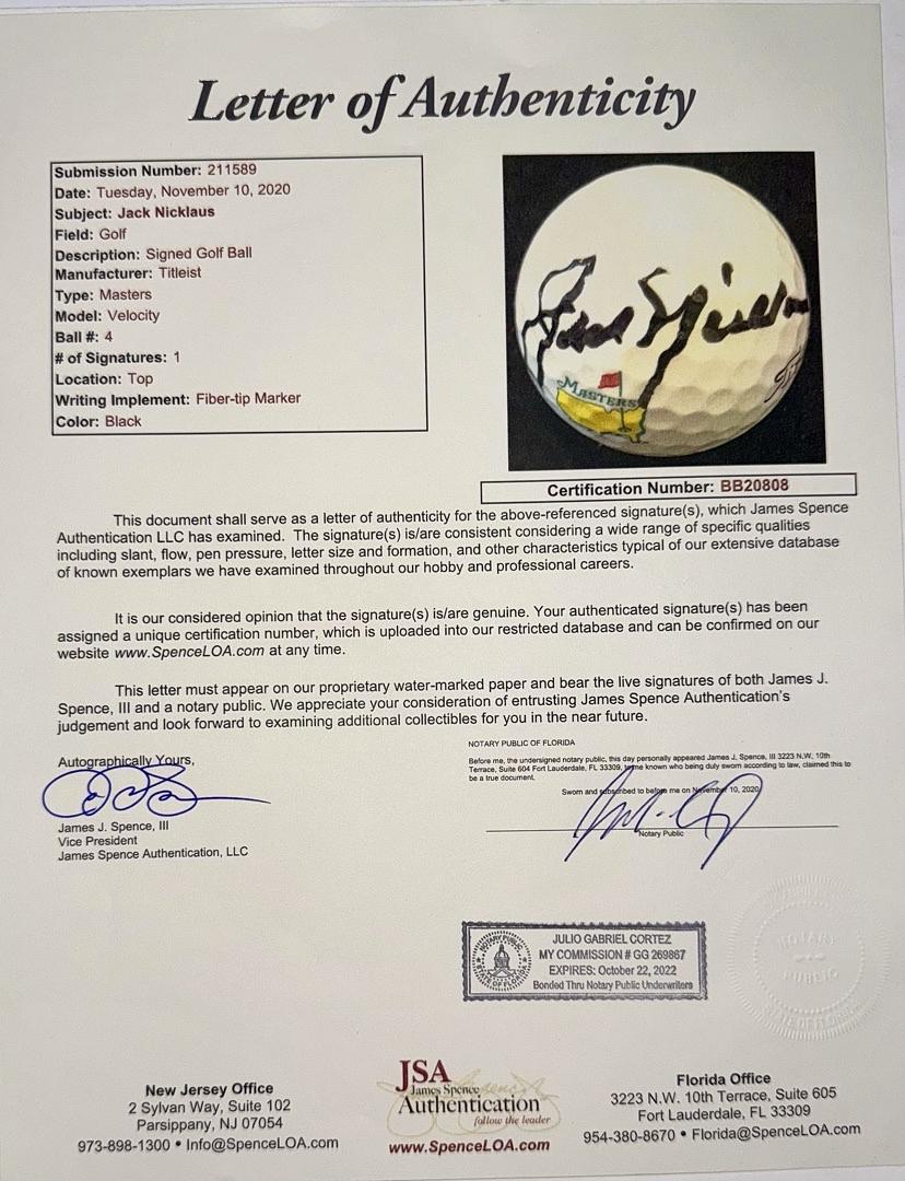 Jack Nicklaus Signed Masters Golf Ball - JSA COA