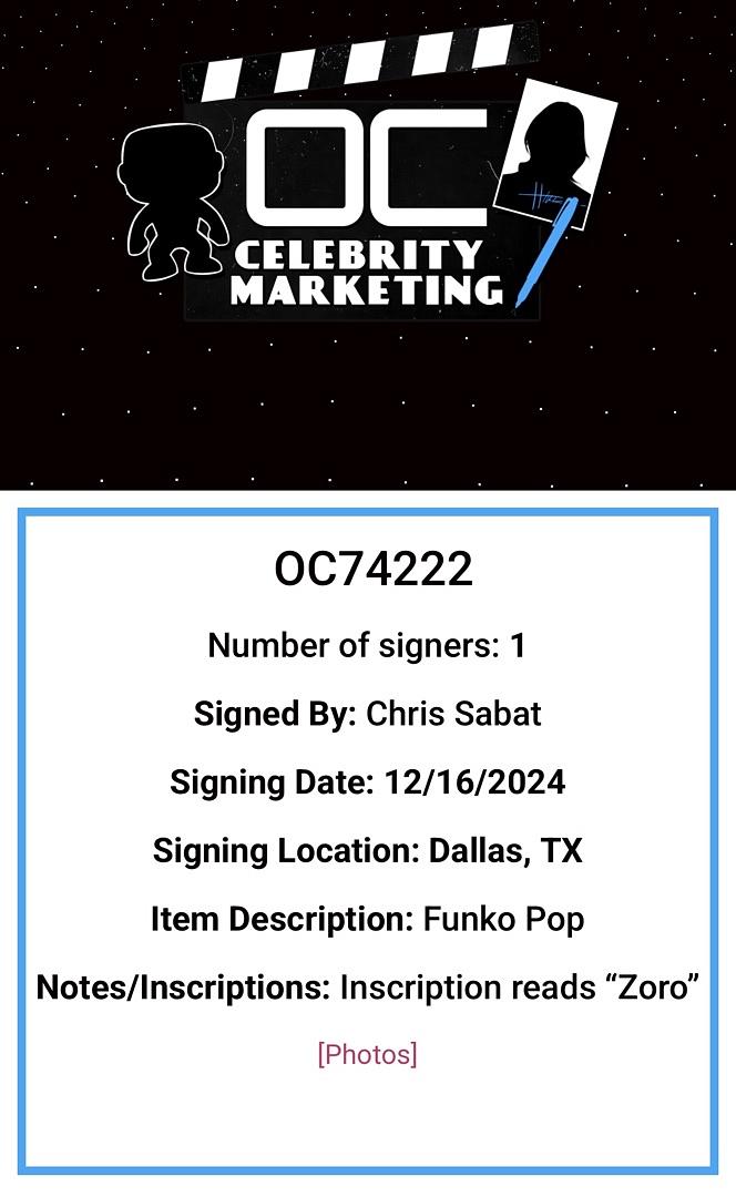 Chris Sabat Signed Funko Pop #1775 "Roronoa Zoro" (One Piece) - OC Celebrity Marketing #02