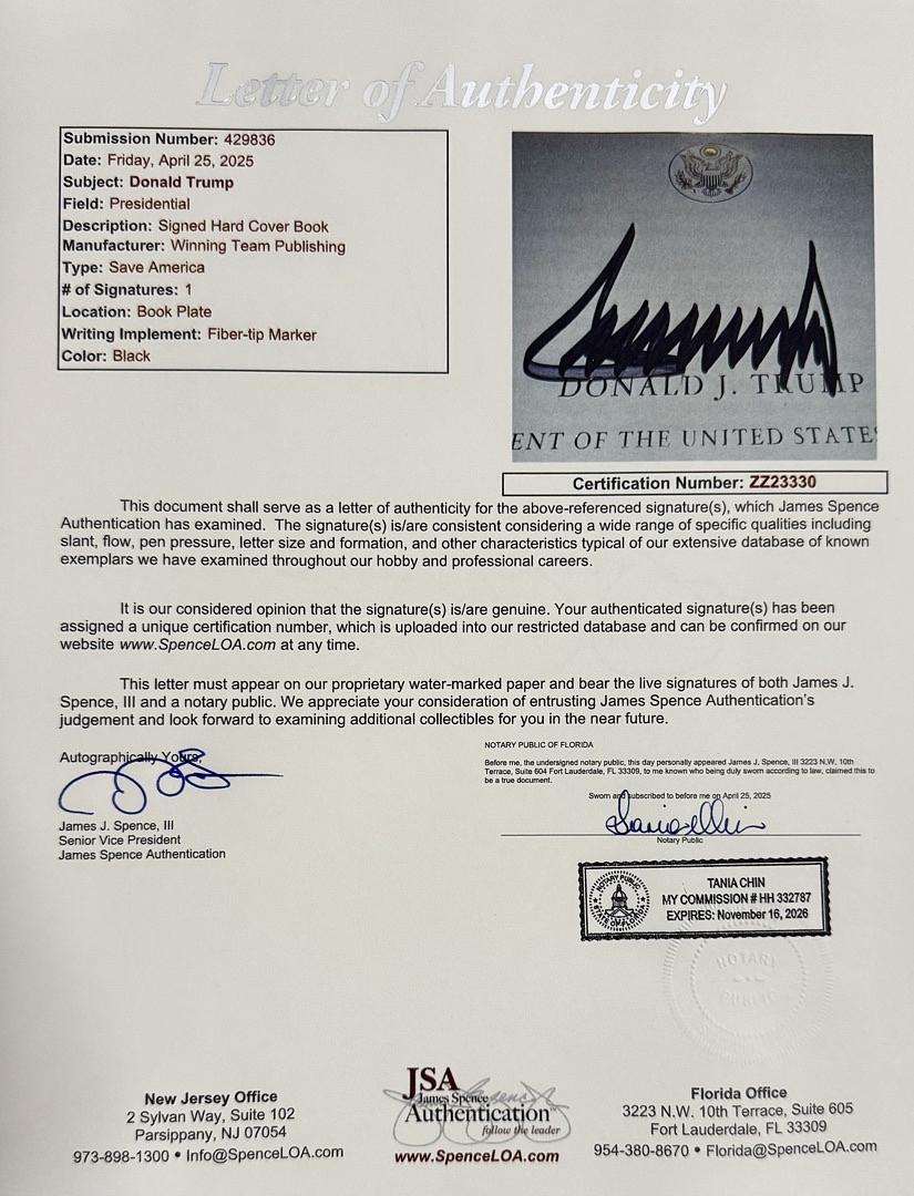 Donald Trump Autographed Save America Book Signed Hardcover - JSA COA #06