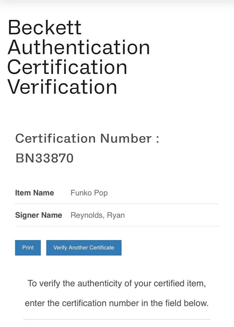 Ryan Reynolds Signed Funko Pop #400 Deadpool (Blue Ink) - Beckett COA