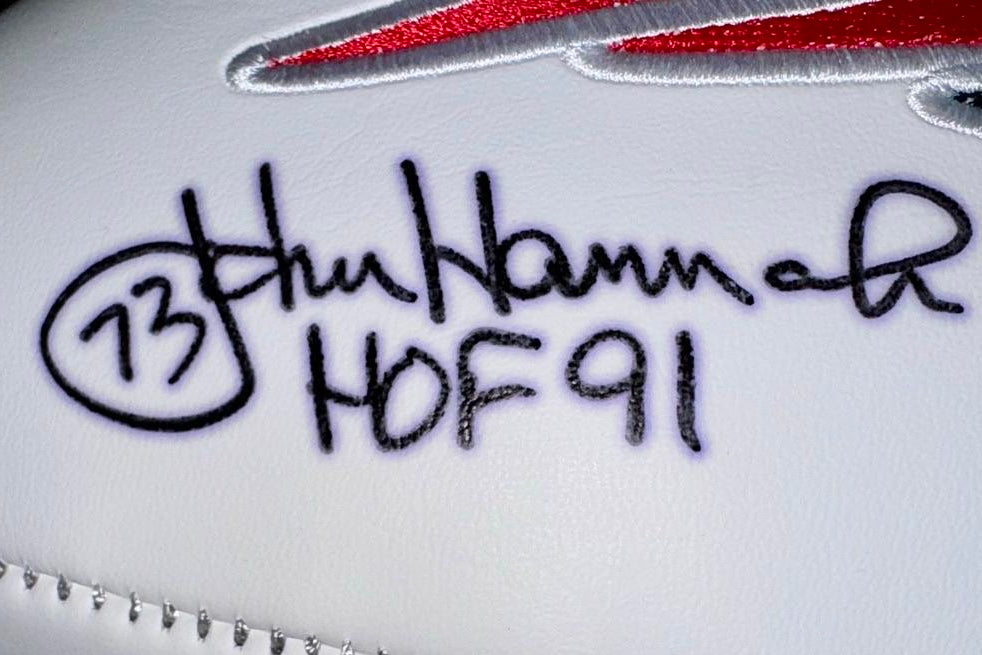 John Hannah Signed White Patriots Logo Football with Career Statistics - Schwartz COA