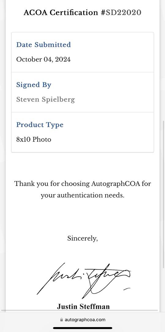 Steven Spielberg Signed 8x10 Photo - ACOA #01
