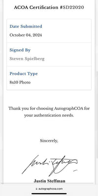 Steven Spielberg Signed 8x10 Photo - ACOA #01