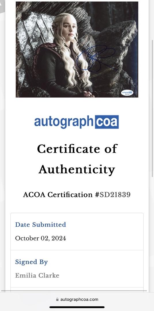 Emilia Clarke Signed 8x10 Photo (Game Of Thrones) - ACOA