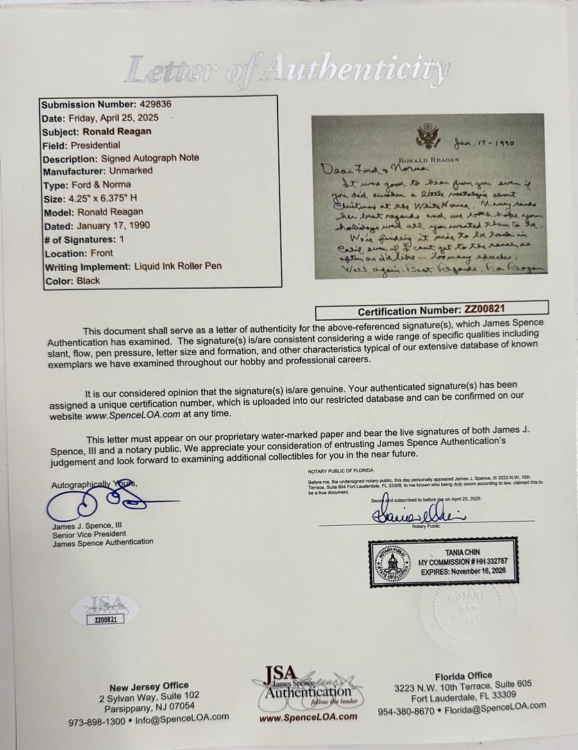 Ronald Reagan Handwritten Signed Presidential Seal Card *RARE* - JSA COA w/full letter of authenticity