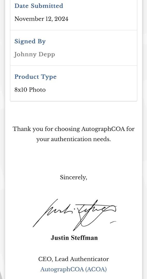 Johnny Depp Signed 8x10 Photo (The Lone Ranger) - ACOA