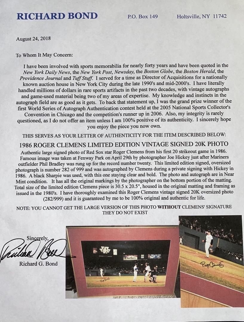 Roger Clemens 20x30 signed, framed limited edition (282/999) lithograph of 20 Strikeout Game - PSA COA RESEARCH