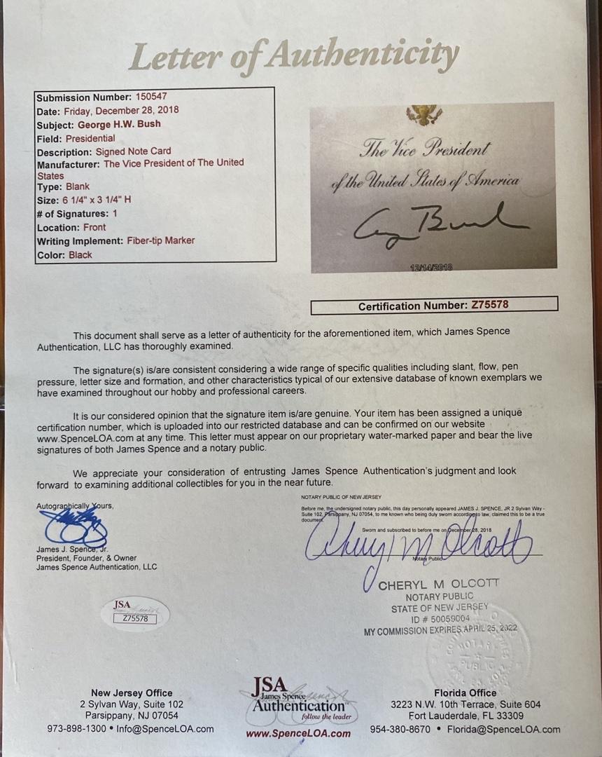 George Bush Signed Slabbed Vice-Presidential Card - PSA slabbed and JSA COA w/full letter of authenticity