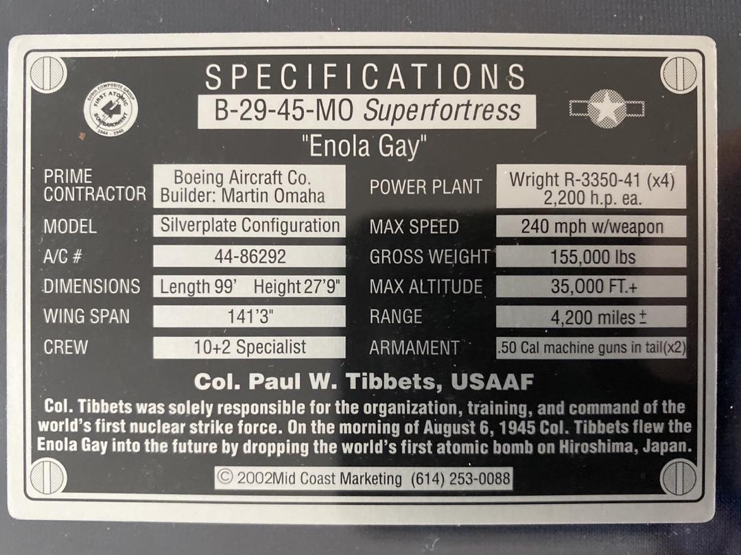 Paul Tibbets signed lucite block with signed picture on one side and Enola Gay Specifications on the verso - Beckett COA