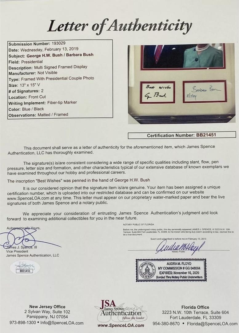 George HW Bush and Barbara Bush signed, framed signatures 13x15 - JSA COA w/full letter of authenticity