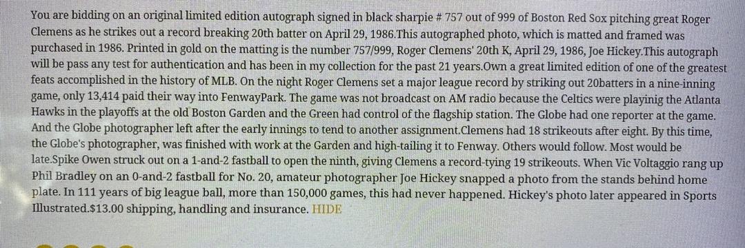 Roger Clemens and Rich Gedman 30.5 x 22.5 signed, framed limited edition (757/999) lithograph of 20 Strikeout Game - PSA COA RESEARCH